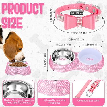 Набір з 2 ошийників для собак та мисок для котів з блискучими стразами, нержавіюча сталь, для цуценят та маленьких собак/котів, рожевий