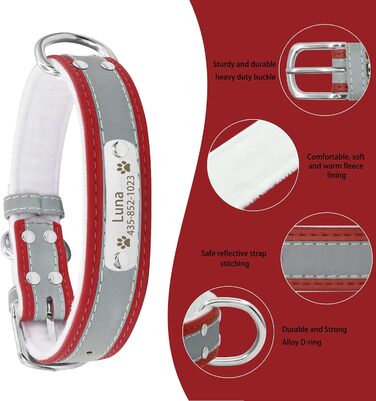 Персоналізоване світловідбиваюче нашийник та поводок для собак Senristar з гравіюванням, для малих, середніх та великих собак та котів (XL, ширина 3,0 см, обхват шиї 45-55 см), червоний комплект