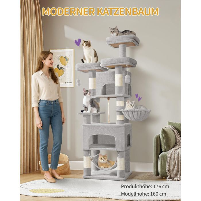 Кігтеточка для котів Hzuaneri, 176 см, XL, 3 платформи, 2 печери, 7 стовпчиків, гамак, плюшеві кульки, для багатокотових сімей, MS17618SG (Світло-сірий)
