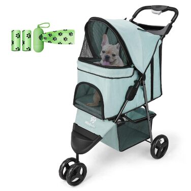 Дитяча коляска для тварин, складана, для котів/собак, з кошиком для зберігання та тримачем для напоїв, 3 колеса, для собак та котів, для маленьких або середніх собак, котів, цуценят (Блакитно-зелений)