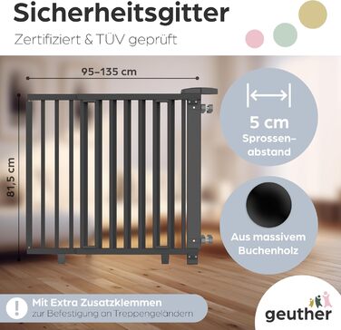 Захист для сходів Geuther Oris | Дверний захист для сходів з кріпленням, 2 клямки для поручнів, ширина, стабільне дерев'яне дитяче ворота, натуральний лак (чорний, 95-135 см)