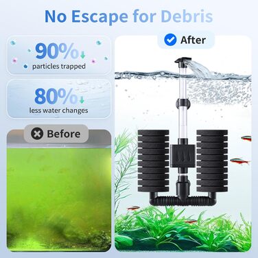 AQQA Фільтр для акваріума, електричний внутрішній фільтр для акваріума, тихий губчастий фільтр з водяним насосом 190 л/год, біологічне та механічне фільтрування, для акваріумів до 210 л (5 Вт)