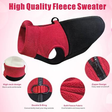 Тепла флісова жилетка для собак Idepet з блискавкою та кільцем для повідка, для холодного зимового періоду, для маленьких та середніх собак (Червоний/Чорний, L)