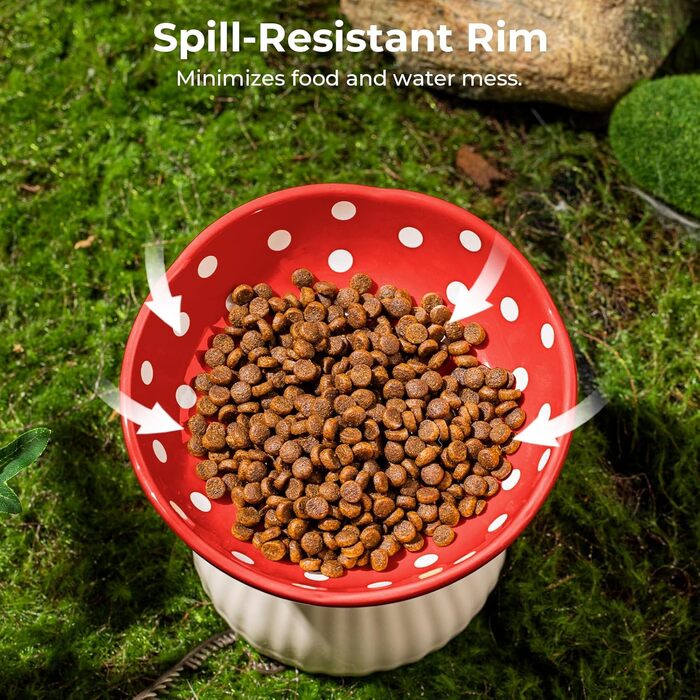 Підвищений годівниця для котів, керамічна миска у формі гриба, широка та плоска миска для котів на підставці, миска для котів, що запобігає блювоті, миска для кошенят та літніх котів (червона)