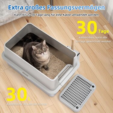 Великий котячий туалет з кришкою KMNSUN XXL, 30 л, з нержавіючої сталі, з двофільтровою системою та совком, високий бортик, не протікає, сірий