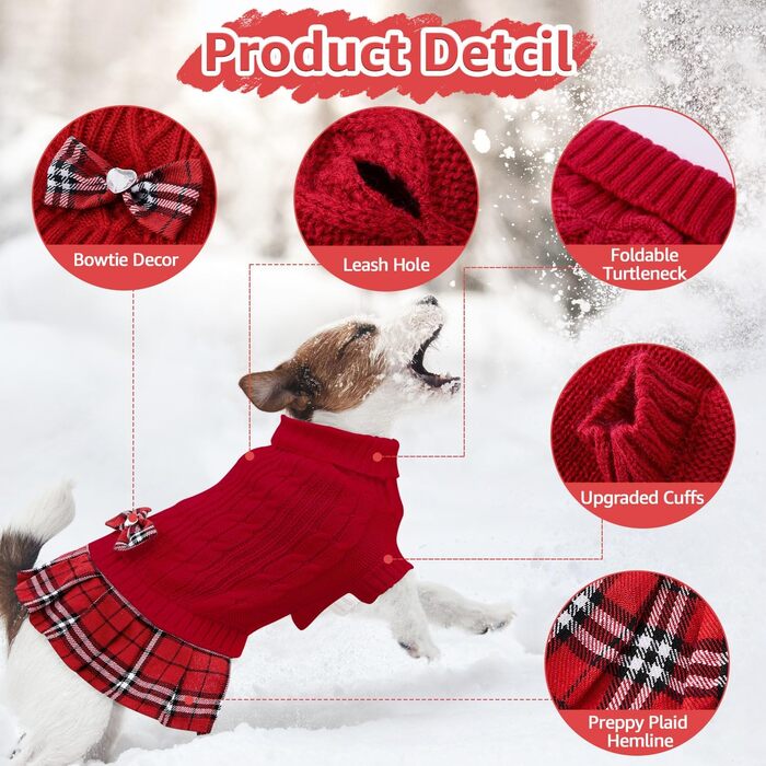 Пуловер для собак SlowTon, теплий пуловер з коміром-горловиною для маленьких та середніх собак, зимовий пуловер з отвором для повідка, червоний в клітинку, розмір S