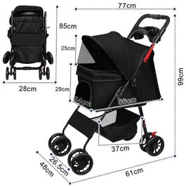 Дитяча коляска для собак та котів Homewell, складана, до 20 кг, з ременями, вантажний відсік та тримач для напоїв (Чорний)