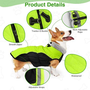 Зимова куртка для собак, водонепроникна, тепла, м'яка, вітрозахисна. З облаштуванням для повідка, світловідбиваюча, з блискавкою та регульованою застібкою. Для малих та середніх собак (Зелений, XL)