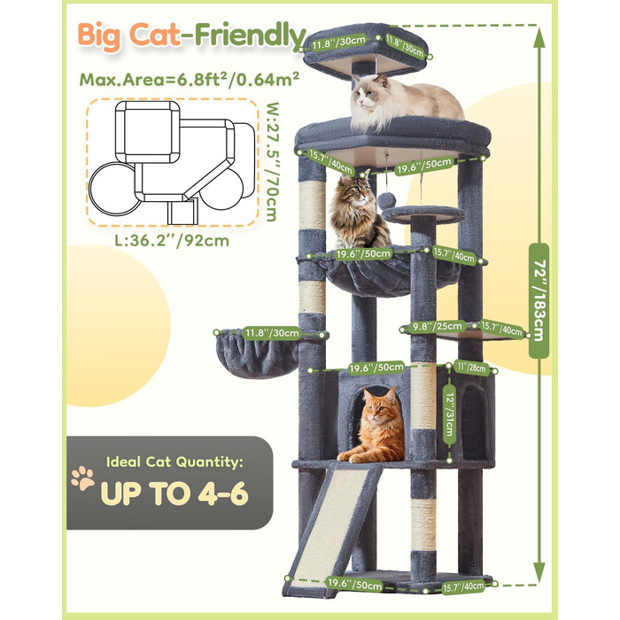 Котячий комплекс Taoqimiao 183 см XXL з будиночком, гамаком, когтеточками та великою платформою (темно-сірий)