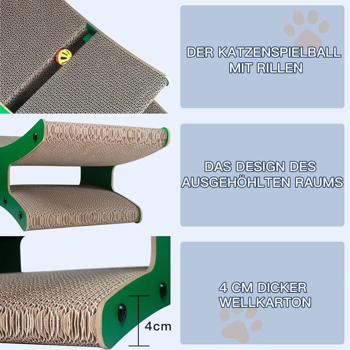 Котяче дряпальня з будиночком - XL дряпка з картону двостороння 56x26x20см - Стабільне ліжко-дряпка, місце для відпочинку та іграшка з м'ячиком (натуральне дерево)