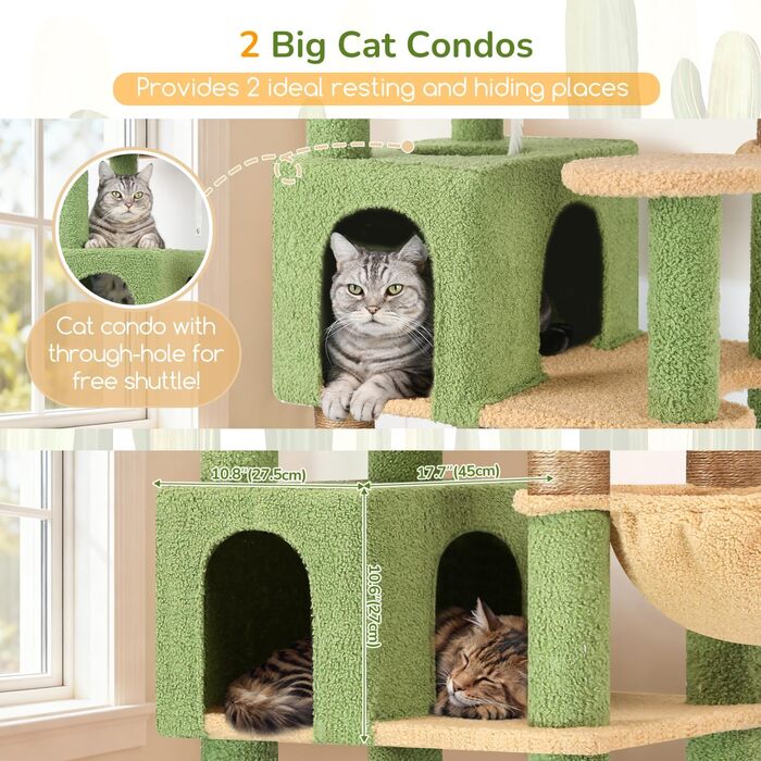 Дерев'яний комплекс для котів Globlazer XXL, 209 см, з 2 будиночками, великою платформою, 3 кошиками, ситцевими стійками, 8 сизалевими стовпчиками для дряпання, стабільний, зелений