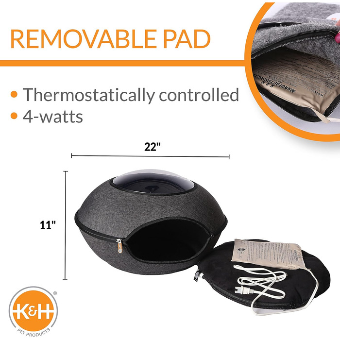 Тепле лежанка-будка K&H Thermo Lookout Pod для котів і малих собак, з підігрівом, для дому, складана, знімна подушка, безпечна