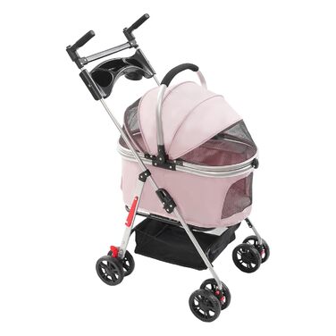 Візок для собак та котів, розкладний, до 12 кг, з кошиком та страхувальним тросом (Sakura-Rosa)