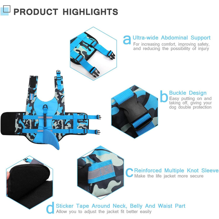 Спасальний жилет для собак 'Hai', блакизно-камуфляжний, XL (набір 1), безпечний для водних розваг