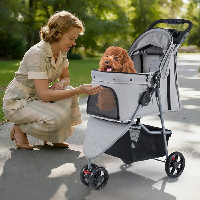 Візок для тварин Costway, розкладний, до 15 кг, для собак та котів, 3 колеса, з м'якою підкладкою, регульованим сонцезахистом, сіткою та кошиком