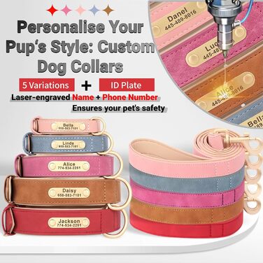 Нашийник та поводок для собак, шкіряні, персоналізовані, м'яко стьовані, міцні, з індивідуальною табличкою, регульовані (M, верблюжий, комплект M: обхват шиї 28-37 см, ширина 2 см)