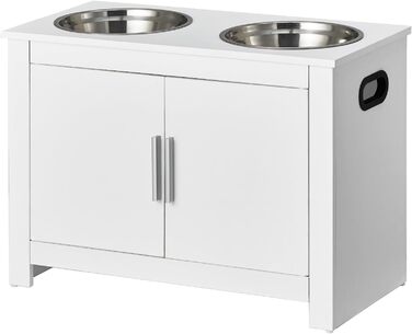 VEVOR шафа-кормниця для собак з 2 нержавіючими мисками 60x30x44 см, підвищена станція для годування з місцем для зберігання, біла, для великих собак