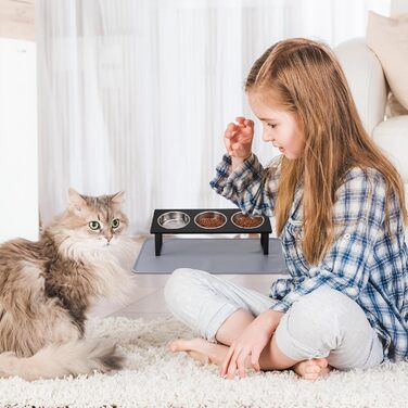 Підвищена годівниця для котів з килимком, нахилена під кутом 15°, миска для їжі та води, що запобігає блювоті, 2 шт. з нержавіючої сталі для котів та цуценят (Сірий) Сірий-2 миски (Чорний-3 миски)