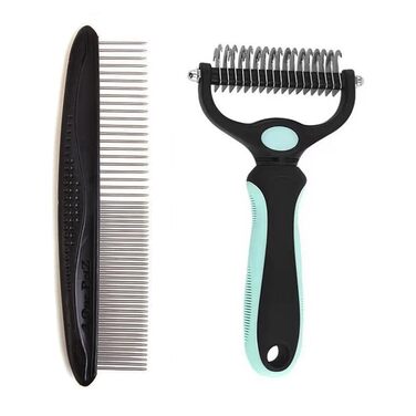 Інструмент для видалення підшерстка домашніх тварин: двосторонній гребінь для підшерстка та щітка для розплутування котів та собак. Видаляє звальне та сплутане підшерстя (блакитний та чорний, великий)