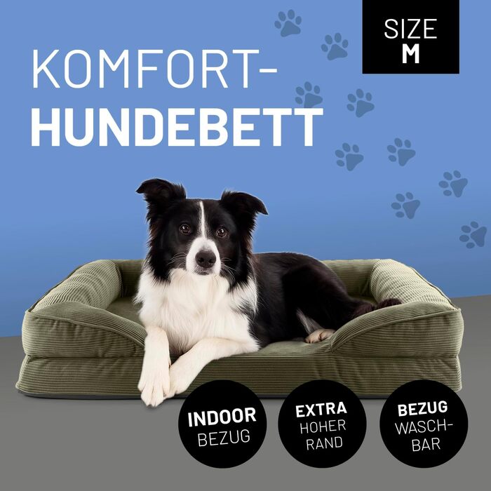 Ортопедичне ліжко для собак Lumaland з корду | Ергономічне собаче ліжко-софа 90x65 см - для середніх собак | Нековзне дно | Зручна наповнювач та знімний чохол | Ліжко-кошик для собак з Memory Foam Cord - Оливковий 90 x 65 см - M
