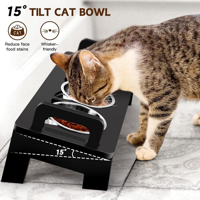 Підвищений годівниця для котів, 3 годівниці з нержавіючої сталі, нахил 15°, набір для котячого корму та води, проти блювоти, для котів, чорний