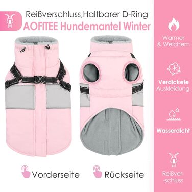 Водонепроникний теплий зимовий одяг для собак AOFITEE, рожевий XS, з шлейкою, з блискавкою та флісовою підкладкою, світловідбиваючий