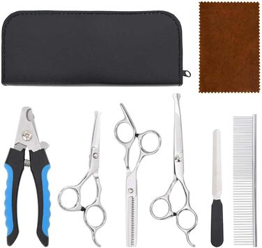 Набір професійних ножиць для собак з витончувальними ножицями, кусачками для нігтів та гребінцем - для всіх пухнастих домашніх тварин, сріблястого кольору, 15,5 x 5,5 см