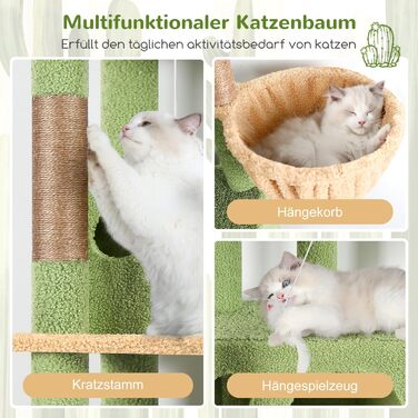 Драбина-будинок для котів Globlazer з кутовою конструкцією, 168 см, 3 будиночки, велика платформа, 5 сизалевих стовпчиків, кошик, іграшки, для 3-4 котів (зелений)