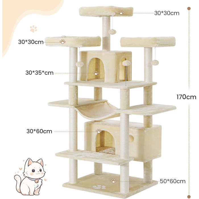 MSmask Котячий будиночок-когтеточка великий, 194 см, XXL, з 3 платформами, 2 печерами, сизалевими стовпами, гамаком, когтеточкою з рампою