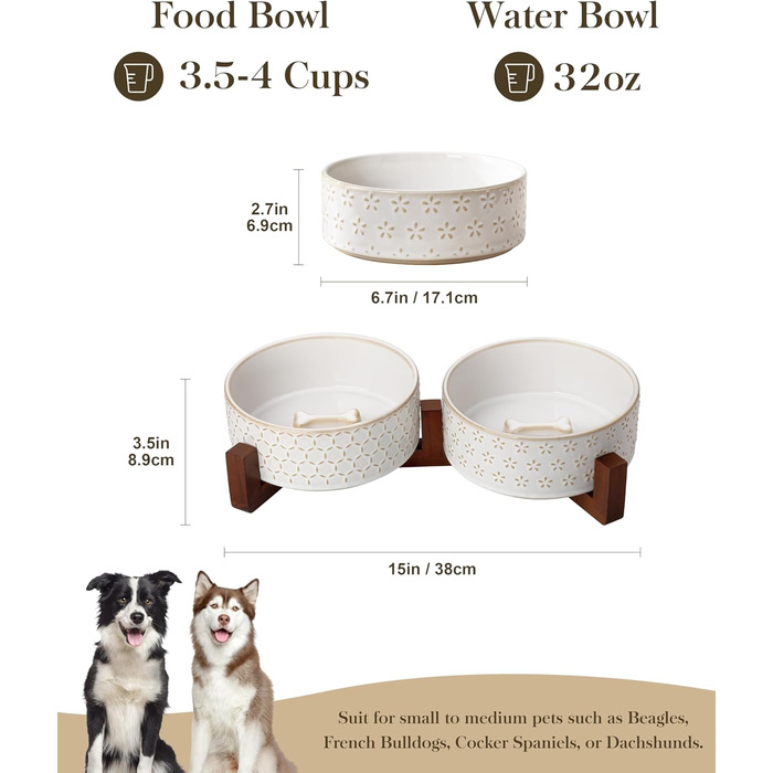 Набір мисок для собак Malacasa з підставкою з горіхового дерева, 3.5 чашок кераміки, миски для кормів та води для цуценят та собак, з антиковзним дном, підходить для собак та котів. В комплекті: п'ятилистове трав'яне добриво + стільнички.