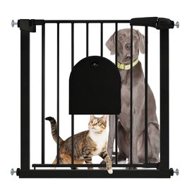 Захист для воріт SUBTLETY з дверцями для котів, автоматичне закриття, захист для сходів, захист для собак та дітей без свердління, розширюваний, чорний (75-85 см)