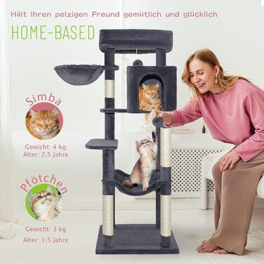 Котячий комплекс LEEJARD XXL: великий дерев'яний будиночок для котів з платформами, когтеточками, будиночком, гамаком, іграшками та захистом від перекидання (148 см, темно-сірий)