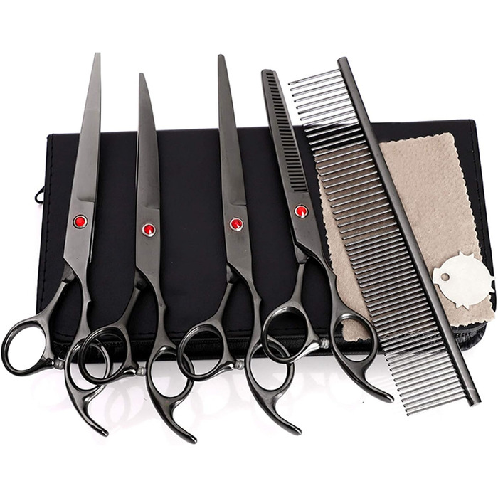 Набір професійних ножиць для грумінгу собак, ножиці для догляду за шерстю, нержавіюча сталь, з ножицями для фінальної обробки, для всіх порід собак та котів (чорний, 20.3 см)