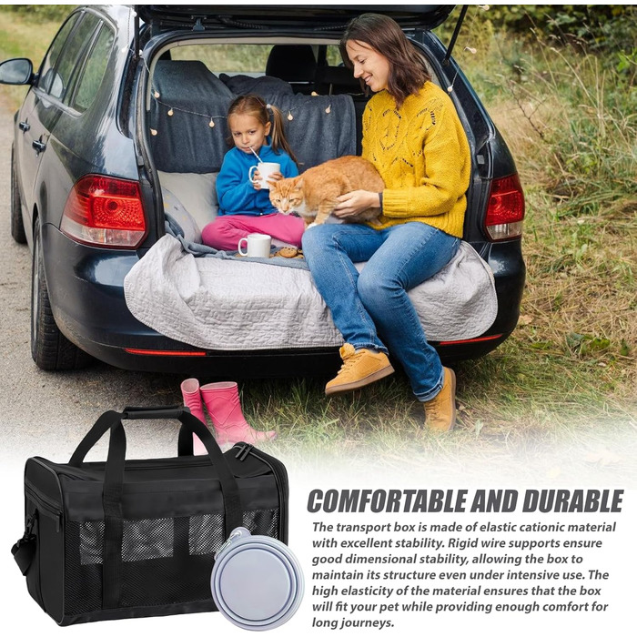 Транспортна переноска для котів та собак, 42x27x28 см, чорна: складана, з мискою для їжі