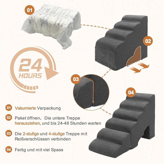 Східці для собак A.FATI 60 см, 6 сходинок, для ліжка, рампи для пружинного матрацу, неслизькі, для маленьких/травмованих собак та котів, темно-сірий колір