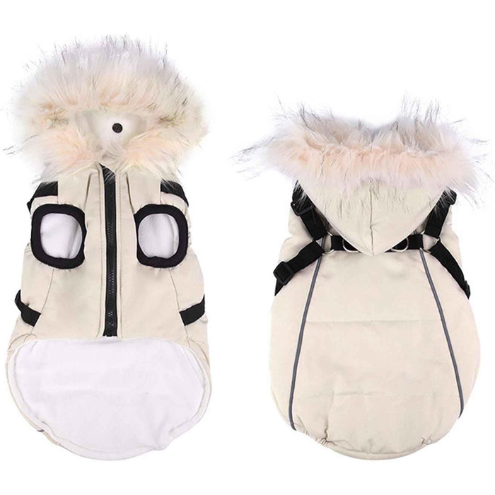 Зимова куртка для собак, пухова жилетка з шлейкою, водонепроникна, з світловідбиваючими смугами, для маленьких собак, чорна (M, Бежева)