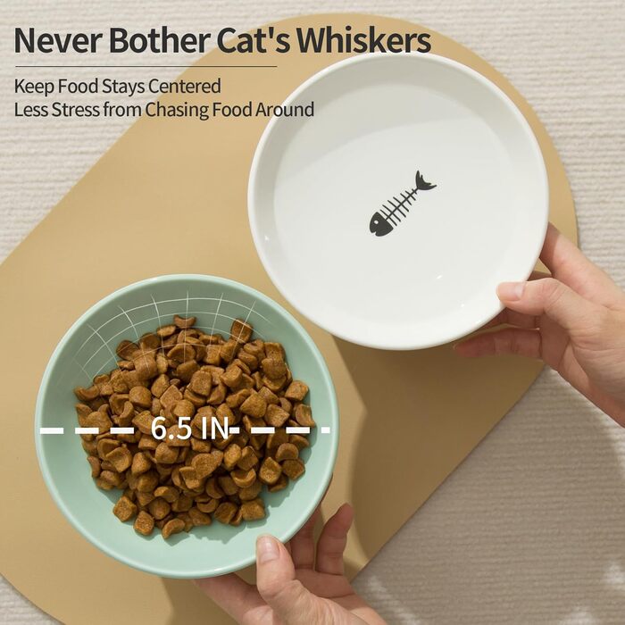 Керамічна миска для котів OMAYKEY з широким дном, 16,5 см, піднята миска для їжі та води, широка, плоска миска для котячого корму, захист від чутливості вусів, втоми, підтримка хребта, зелено-білий колір
