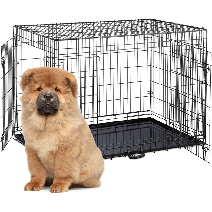 Клітка для собак Relaxdays, для дому та автомобіля, HBT: 87 x 122 x 80 см, складана собача будка з дном, 2 двері, ручка, сталь, чорна L 80 x B 122 x H 87 см
