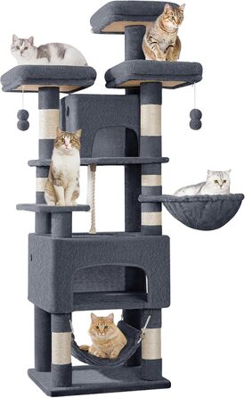 Кігтеточка для котів Hzuaneri 176 см, XL, 3 платформи, 2 печери, 7 стовпчиків, гамак, плюшеві кульки, для багатокотових сімей, темно-сірий MS17618SG