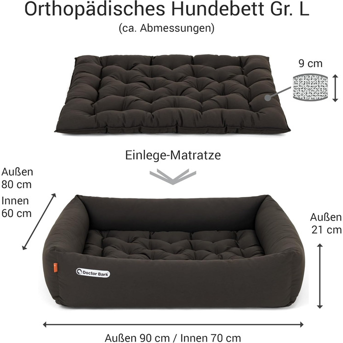 Ортопедичне собаче ліжко Doctor Bark - миється до 95°C, гігієнічне, без запаху, для середніх собак, з м'якою підстилкою (L - 90x80 см, коричневе)