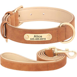 Нашийник та поводок для собак, шкіряні, персоналізовані, м'яко стьовані, міцні, з індивідуальною табличкою, регульовані (M, верблюжий, комплект M: обхват шиї 28-37 см, ширина 2 см)