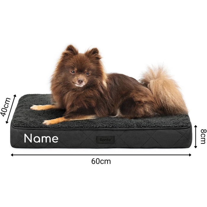 Ортопедичне ліжко для собак Lionto, 112x81x8 см, міцне, з м'яким плюшем, знімний та пральний чохол, водовідштовхувальне, для собак та котів, з нанесенням імені (60x40x8 см, чорне)