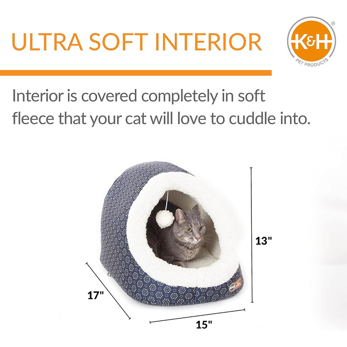 Лежак для котів K&H Thermo-Pet Cave, не обігрівається, темно-синій, геометричний візерунок, 43,2x38,1x33,2 см
