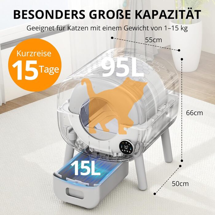 Автоматичний лоток для котів XXL 95л з самоочищенням та керуванням через додаток – велика місткість, включає килимок та 3 рулони пакетів