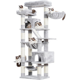 Кігтеточка-будинок для котів Heybly HCT034G, 180 см, сірий, з 2 платформами, 2 будиночками, гамаком, корзиною та когтеточкою