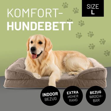 Ортопедичне ліжко для собак Lumaland з корду | Ергономічне собаче ліжко-софа 110x75 см - для великих собак | Нековзне дно | Зручна наповнювач та знімна чохол | Корзина для собак з Memory Foam Cord - Світло-коричневий 110 x 75 см - L