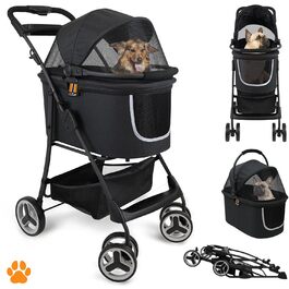 Візок для собак CECE 2 в 1 з переносною коробкою | Складаний візок-коробка для собак з додатковим кошиком для покупок | Використання як візок або безпечний переноска – Меланж (Чорний)
