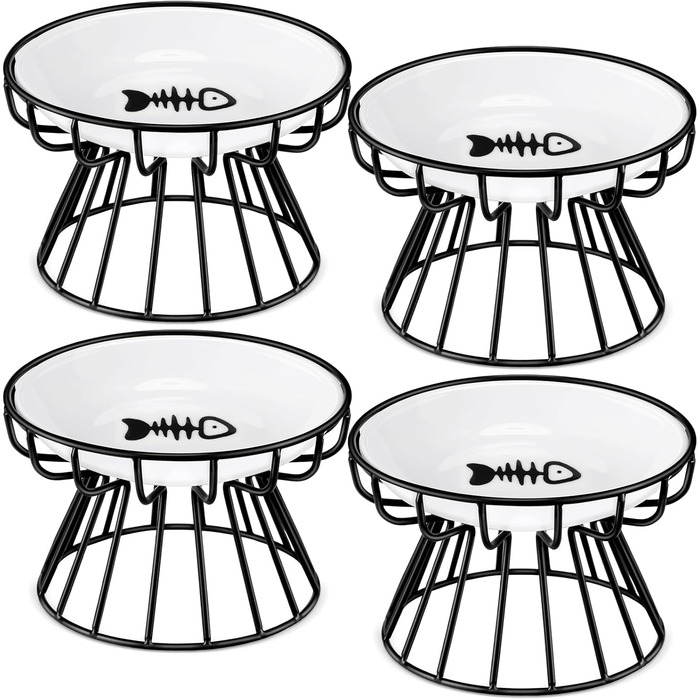 Набір мисок для котів Roshtia з кераміки на металевому підставці, 4 шт. (Чорний, візерунок 