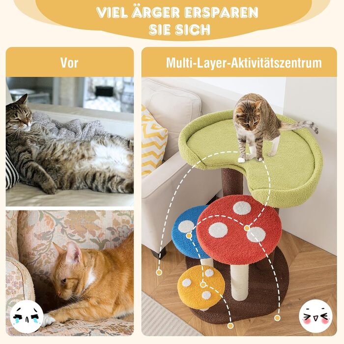 Дерев'яний кігтечка для котів Costway з печереєю та ігровим м'ячиком, 60x65x94 см, кольоровий