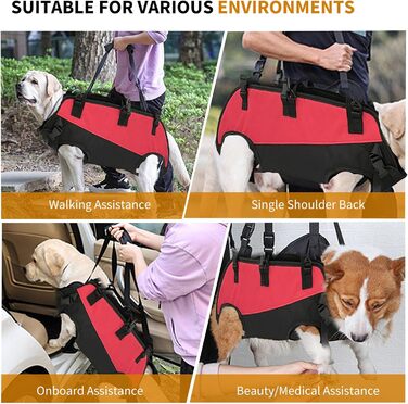 PETCUTE Рюкзак-переноска для собак, жилет-рюкзак для великих собак, повний жилет з ручкою, регульований рюкзак для собак з артритом, старих собак, з проблемами суглобів, чорний+червоний, 7.5-15 кг